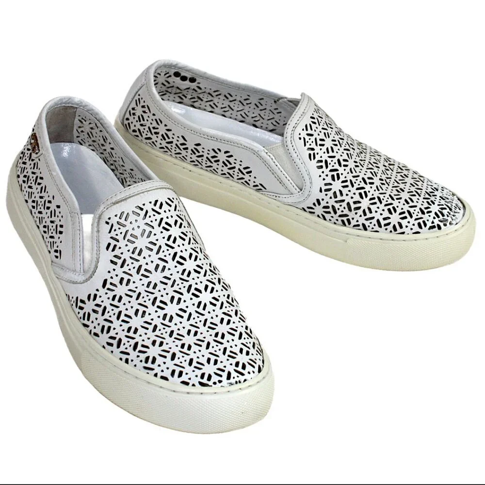 Tory Burch Lennon White Leather Laser Perforated Slip-On, Size 6.5